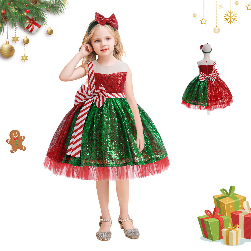 Girls' Fashion Bowknot Sequined Christmas Dress