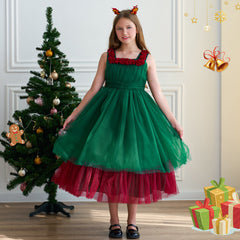 Girls' Fashionable Simple Red And Green Christmas Dress Puffy Wedding Dress