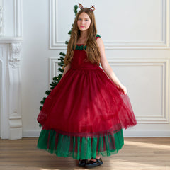 Girls' Fashionable Simple Red And Green Christmas Dress Puffy Wedding Dress