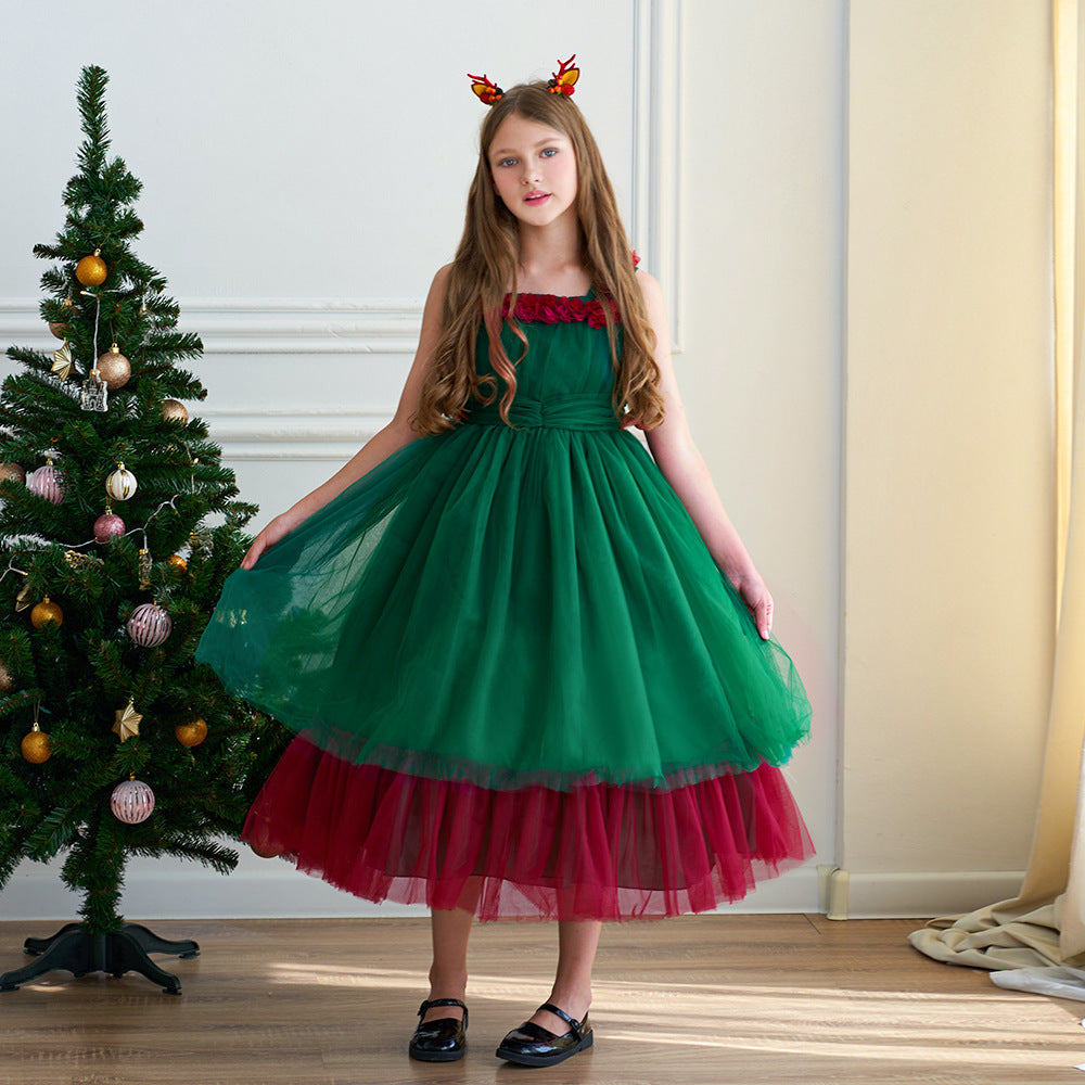 Girls' Fashionable Simple Red And Green Christmas Dress Puffy Wedding Dress