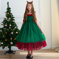 Girls' Fashionable Simple Red And Green Christmas Dress Puffy Wedding Dress