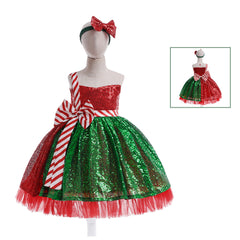 Girls' Fashion Bowknot Sequined Christmas Dress